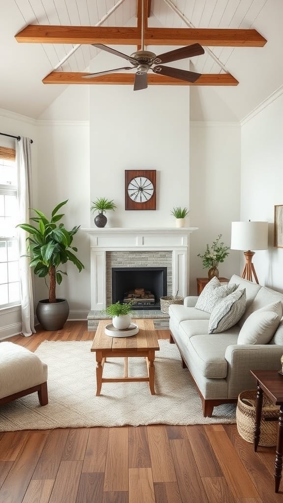 A bright farmhouse living room featuring modern furniture and vintage decor elements.