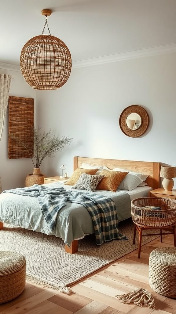 A cozy bedroom featuring wooden furniture, wool throws, and rattan decor.