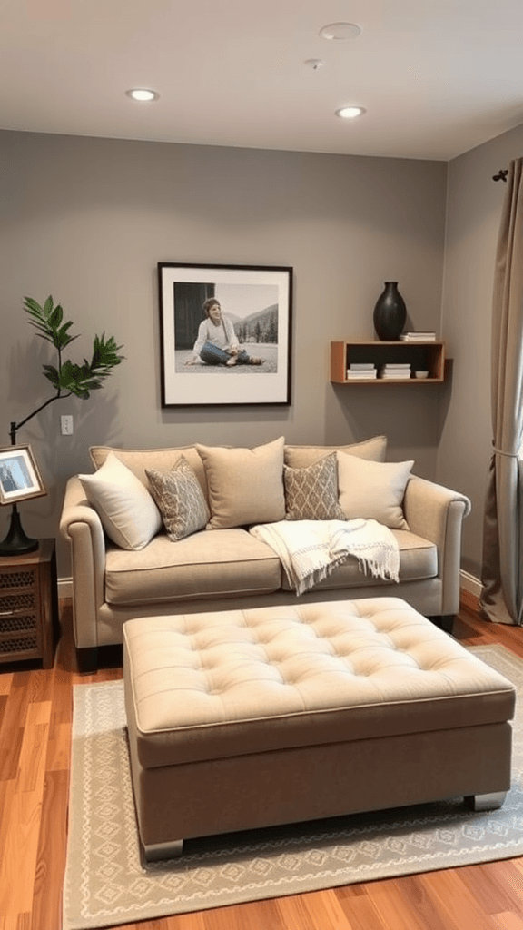 A cozy small living room featuring a gray sofa, a navy storage ottoman, and a wooden side table.