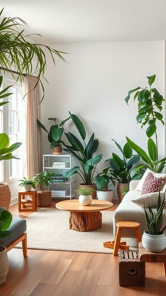 A cozy farmhouse living room filled with various houseplants and natural wood furniture.