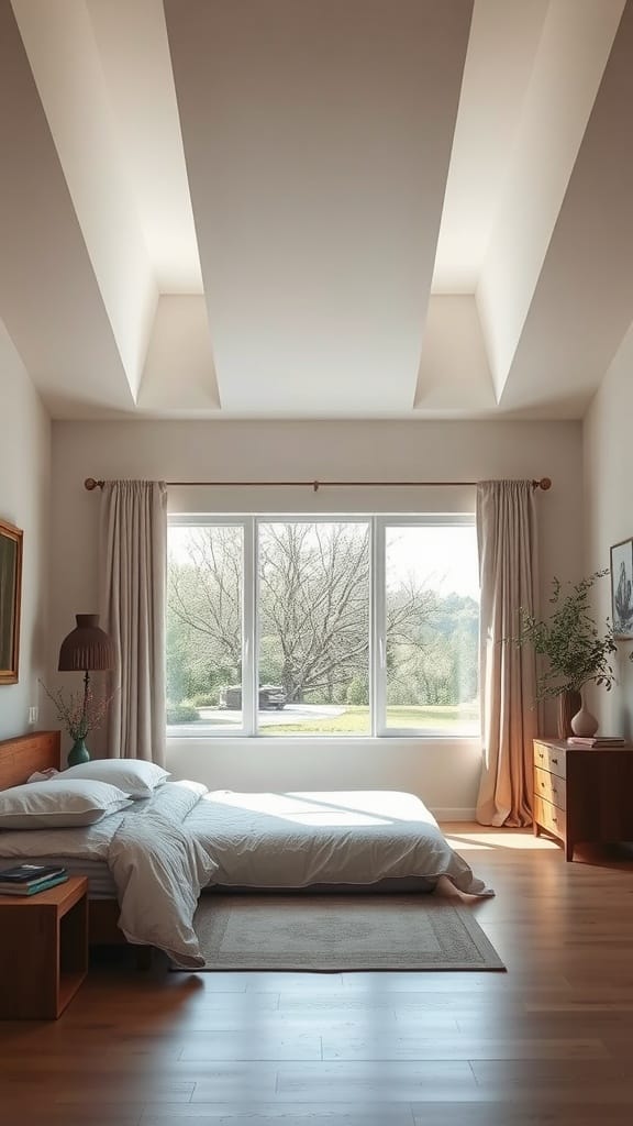 A bright and airy mid-century modern bedroom with large windows letting in natural light.