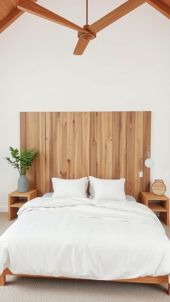 A cozy bedroom featuring wooden accents, including a headboard and ceiling fan, with a white bedding set.