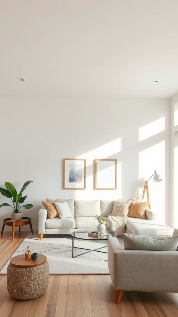 A cozy farmhouse living room with neutral colors, featuring a light sofa, wooden accents, and green plants.