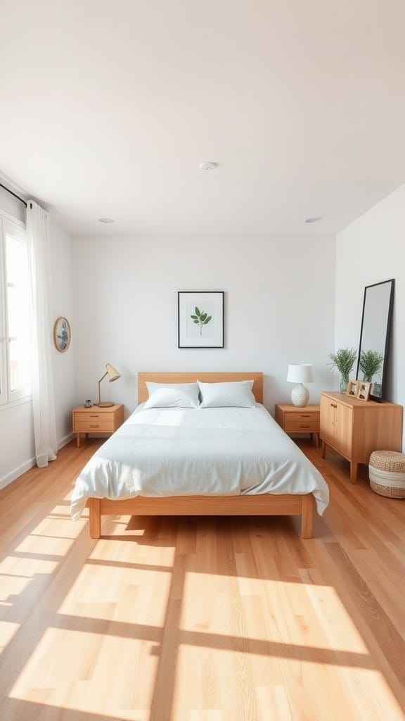 A bright and airy bedroom with a wooden bed, minimal decor, and large windows.