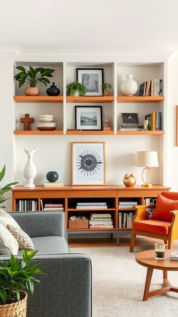 A stylish living room featuring open shelving with books, plants, and decorative items.