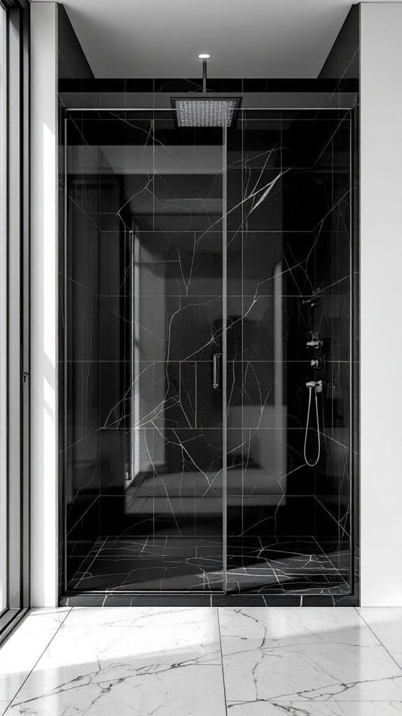 Modern to Retro: 20+ Stunning Black and White Bathroom Tile Designs 18 Open shower featuring black tiles with a modern design