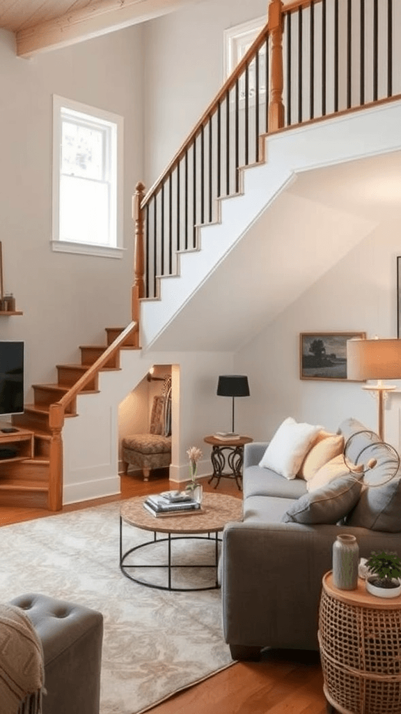 A cozy small living room with a sofa, bookshelves, and a staircase.