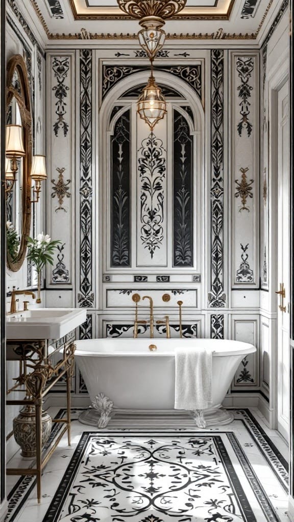 Modern to Retro: 20+ Stunning Black and White Bathroom Tile Designs 12 A luxurious black and white tiled bathroom featuring ornate accents and a freestanding bathtub.