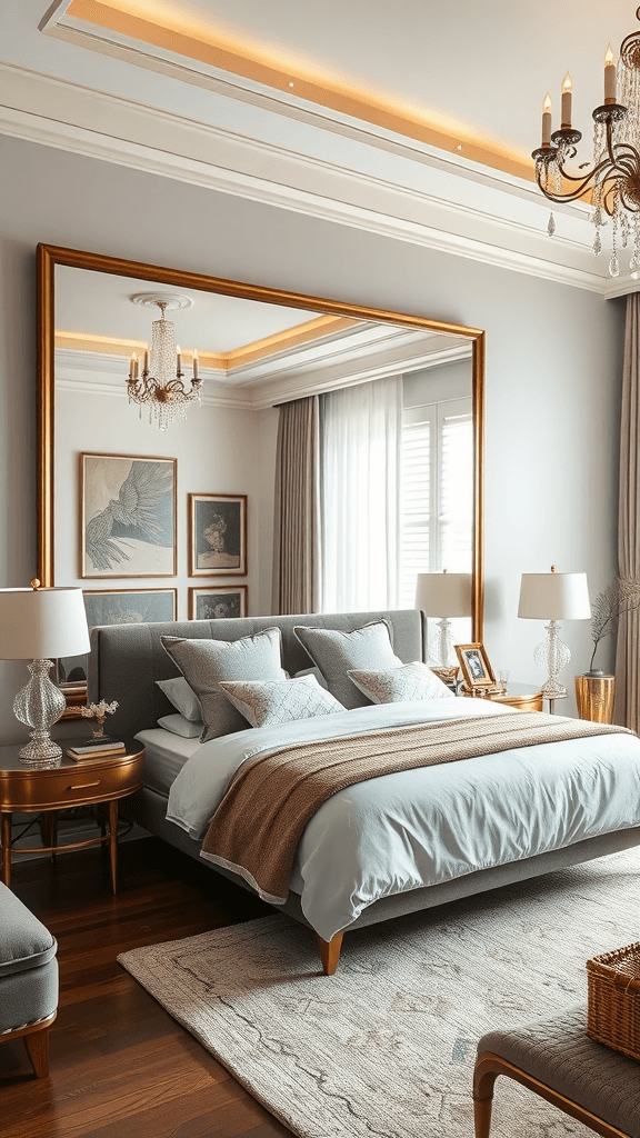 A modern bedroom featuring oversized mirrors above the bed, enhancing the space.