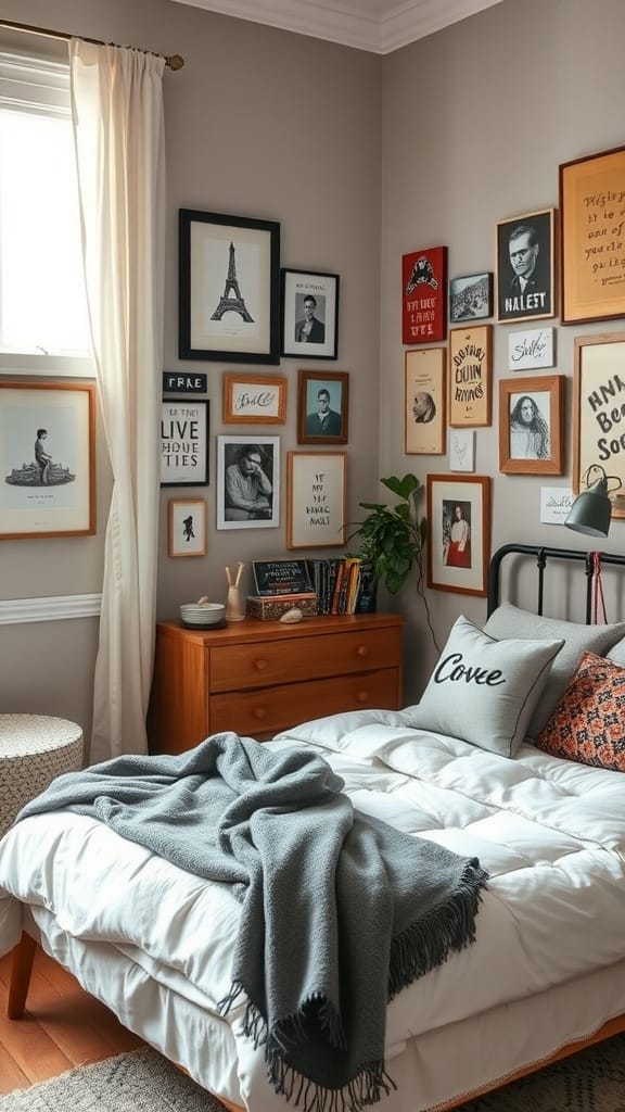 A cozy bedroom showcasing personalized decor with framed pictures and meaningful items.