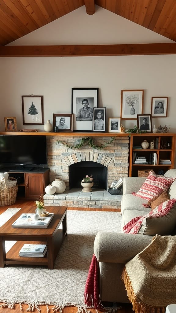 A cozy farmhouse living room with family photos and personalized decor.