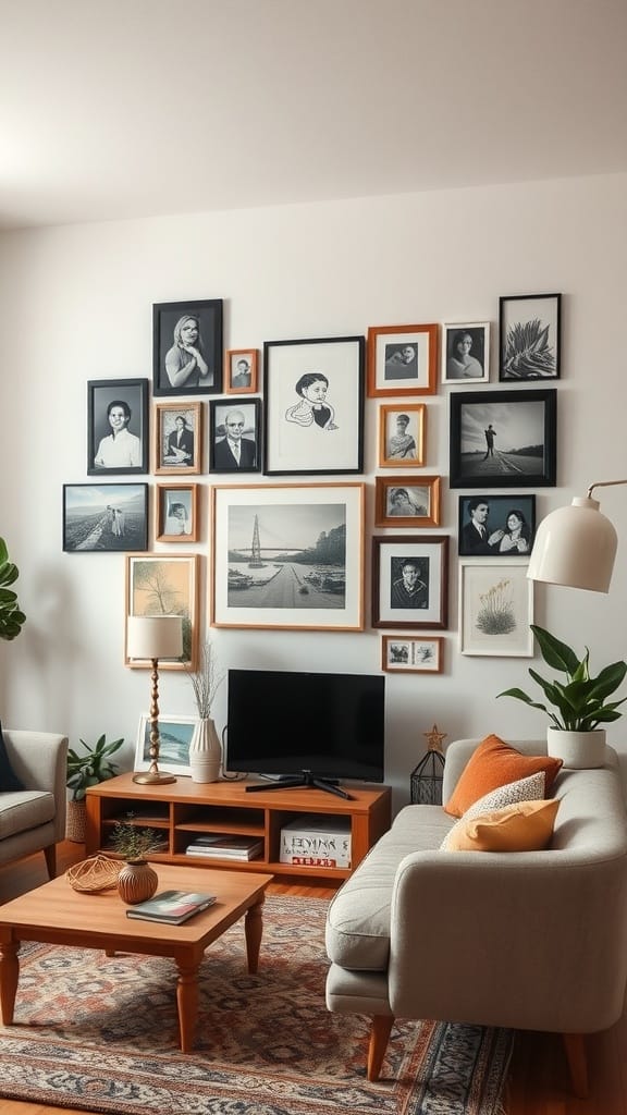 A cozy living room featuring a personalized gallery wall with various framed pictures.