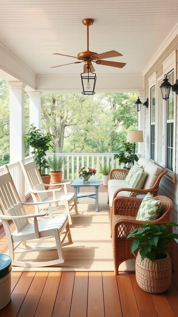 A cozy porch with white rocking chairs, a wicker sofa, and potted plants, showcasing a warm and inviting atmosphere.