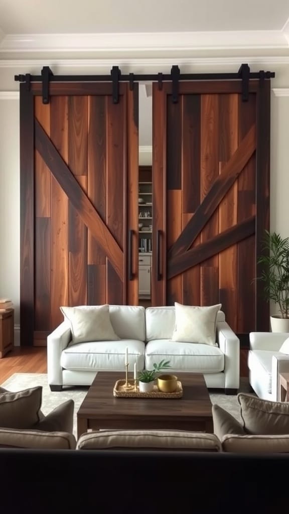 A cozy living room with repurposed barn doors adding rustic charm.