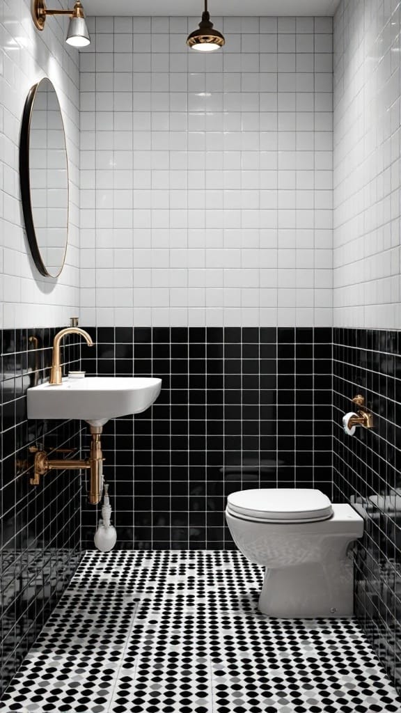 Modern to Retro: 20+ Stunning Black and White Bathroom Tile Designs 16 A stylish retro bathroom featuring round black and white tiles on the floor and walls, with a modern sink and toilet.