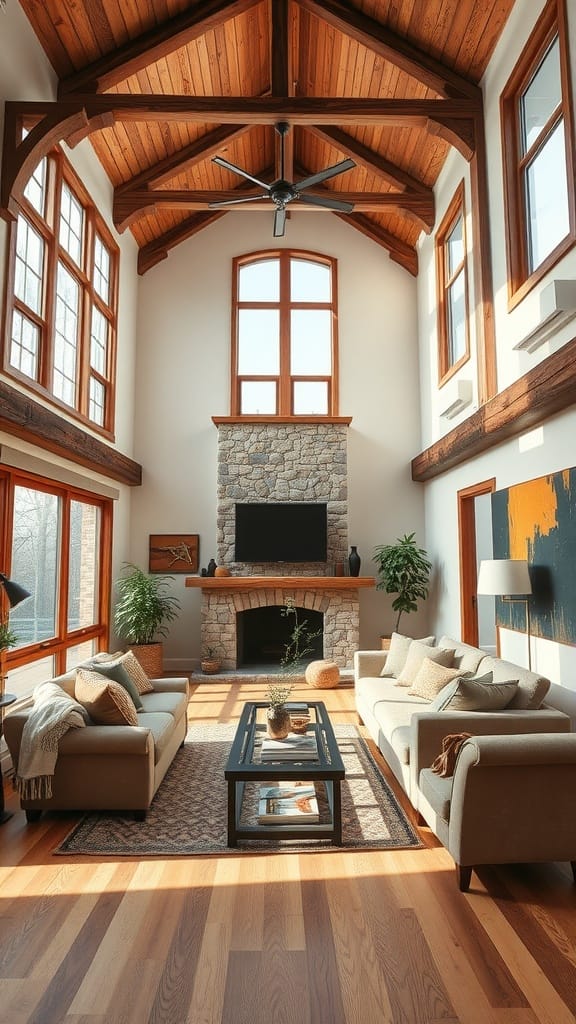 A spacious living room featuring rustic wood beams, large windows, and cozy furniture.