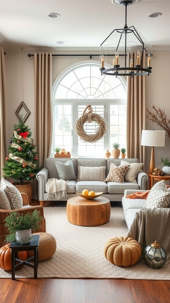 Seasonally decorated farmhouse living room with a cozy feel and autumn-themed accents.