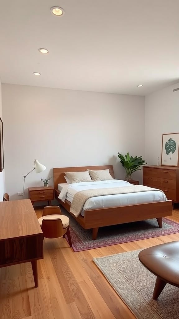 A stylish bedroom featuring sleek furniture with organic shapes, including a wooden bed, desk, and rounded chairs.