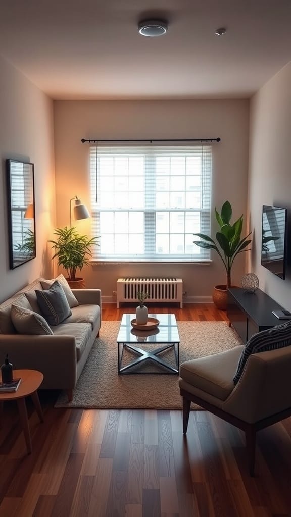 A cozy small living room with a modern sofa, chair, and a coffee table, featuring smart lighting.