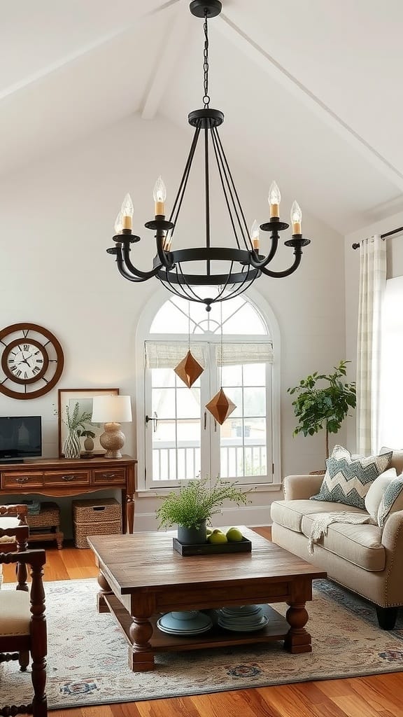 A stylish chandelier hanging in a bright farmhouse living room with a wooden coffee table and comfortable seating.