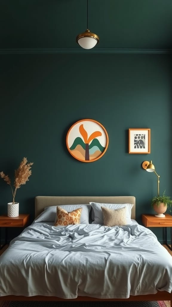 A modern bedroom featuring a dark green statement wall, decorative wall art, and a cozy bed.