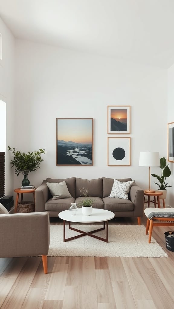 A cozy small living room with stylish wall art, showcasing framed pictures and a minimalist design.