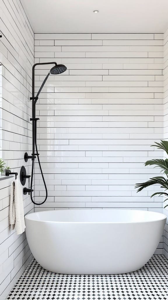 Modern to Retro: 20+ Stunning Black and White Bathroom Tile Designs 9 A modern black and white tile bathroom featuring black grout lines.