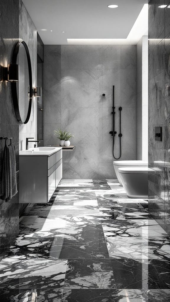 Modern to Retro: 20+ Stunning Black and White Bathroom Tile Designs 23 Stylish black and white tiled bathroom with modern fixtures and lighting.