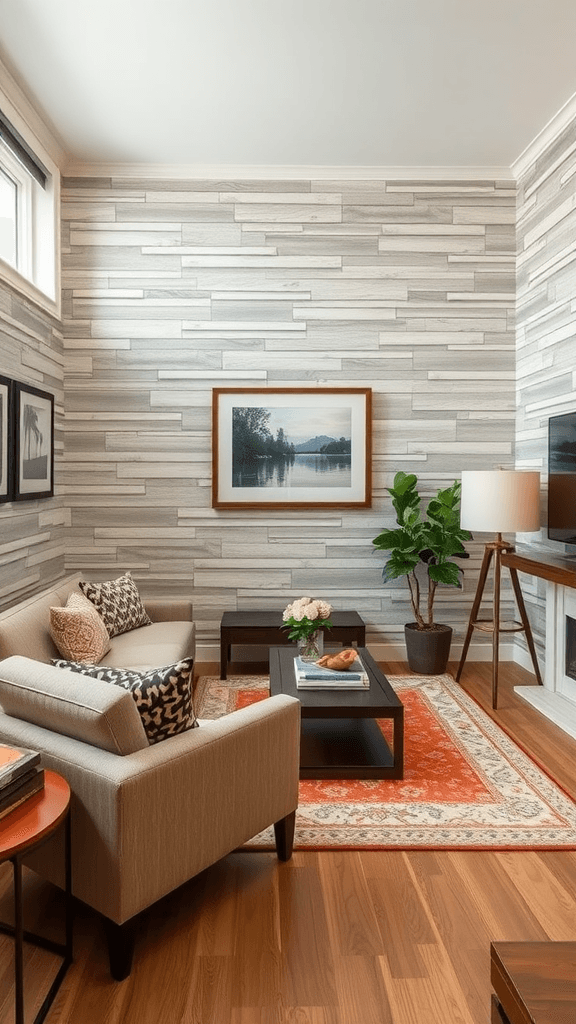 Small living room with textured wood wall treatment and modern furniture.