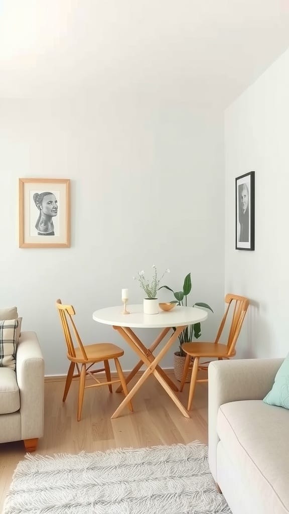 A cozy small living room with a round white folding table and two wooden chairs.