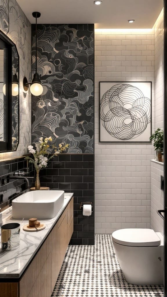 Modern to Retro: 20+ Stunning Black and White Bathroom Tile Designs 19 Stylish black and white bathroom featuring wall art and elegant decor.