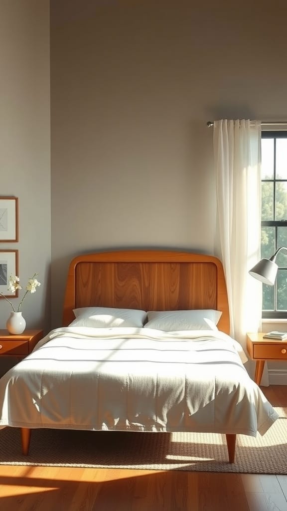 A cozy mid-century modern bedroom featuring a wooden headboard and soft linens.