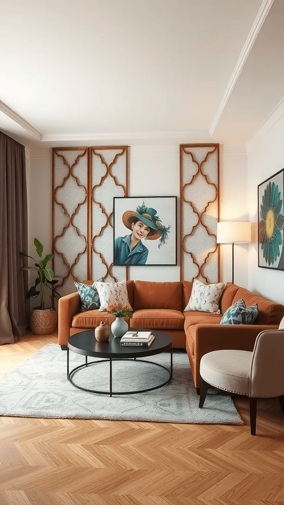 A small living room featuring decorative dividers, a cozy sofa, and a stylish coffee table.