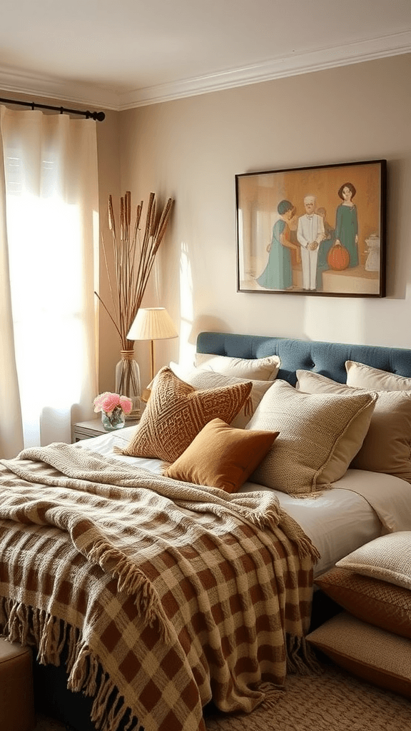 A cozy bed adorned with various soft pillows and blankets, creating a comfortable boho atmosphere.