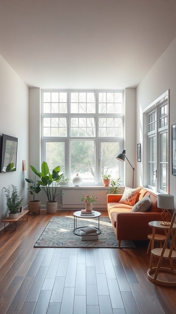 Bright small living room with large windows and plants.