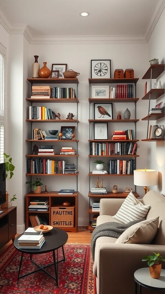 A cozy small living room featuring vertical shelving filled with books and decorative items.