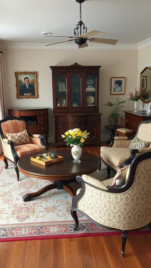 A cozy vintage-style living room with comfortable chairs and a wooden coffee table.