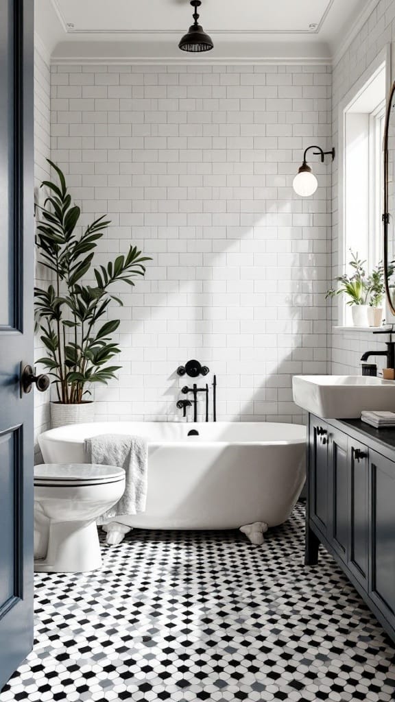 Modern to Retro: 20+ Stunning Black and White Bathroom Tile Designs 2 A bathroom featuring vintage hexagon tiles in black and white with a modern tub and fixtures.