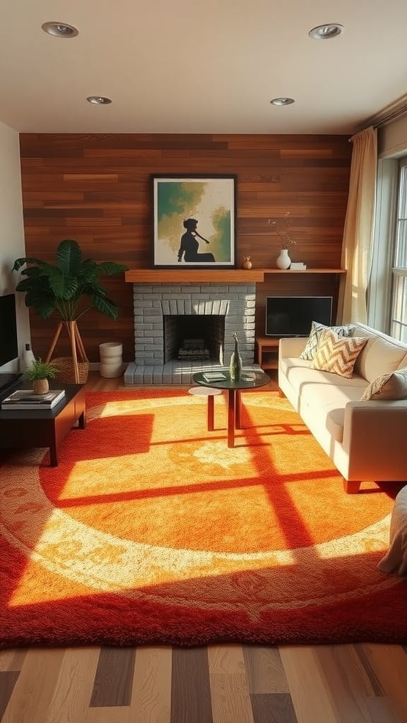 A warm orange rug in a stylish farmhouse living room with a cozy atmosphere.