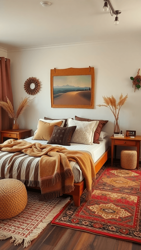 Cozy boho mid-century modern bedroom with warm earthy tones and textured fabrics.