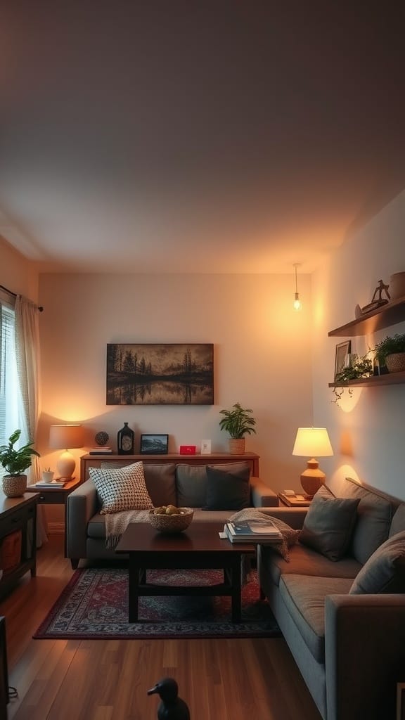 A cozy small living room with warm lighting, comfortable furniture, and decorative elements.